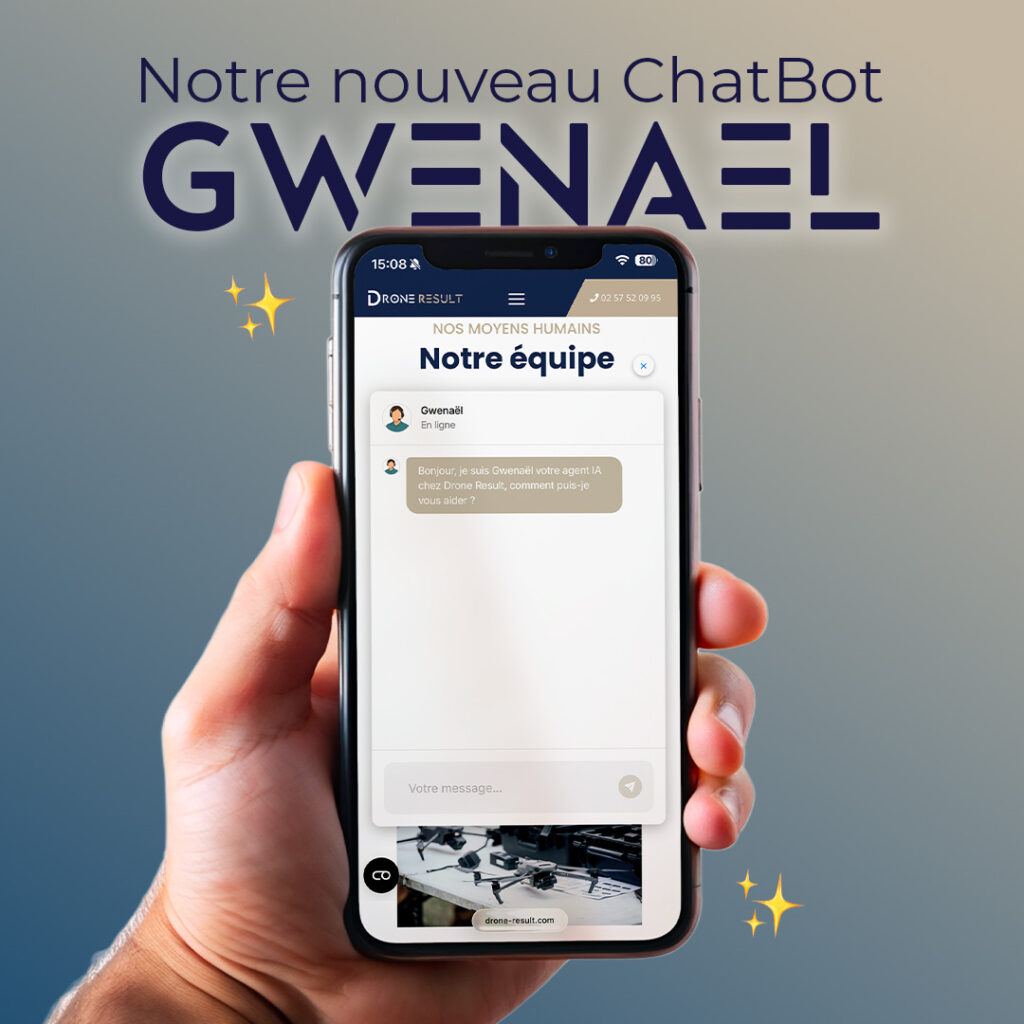 téléphone montrant notre site internet et notamment le Chatbot pour accompagner nos prospects dans leur recherche de formation drone