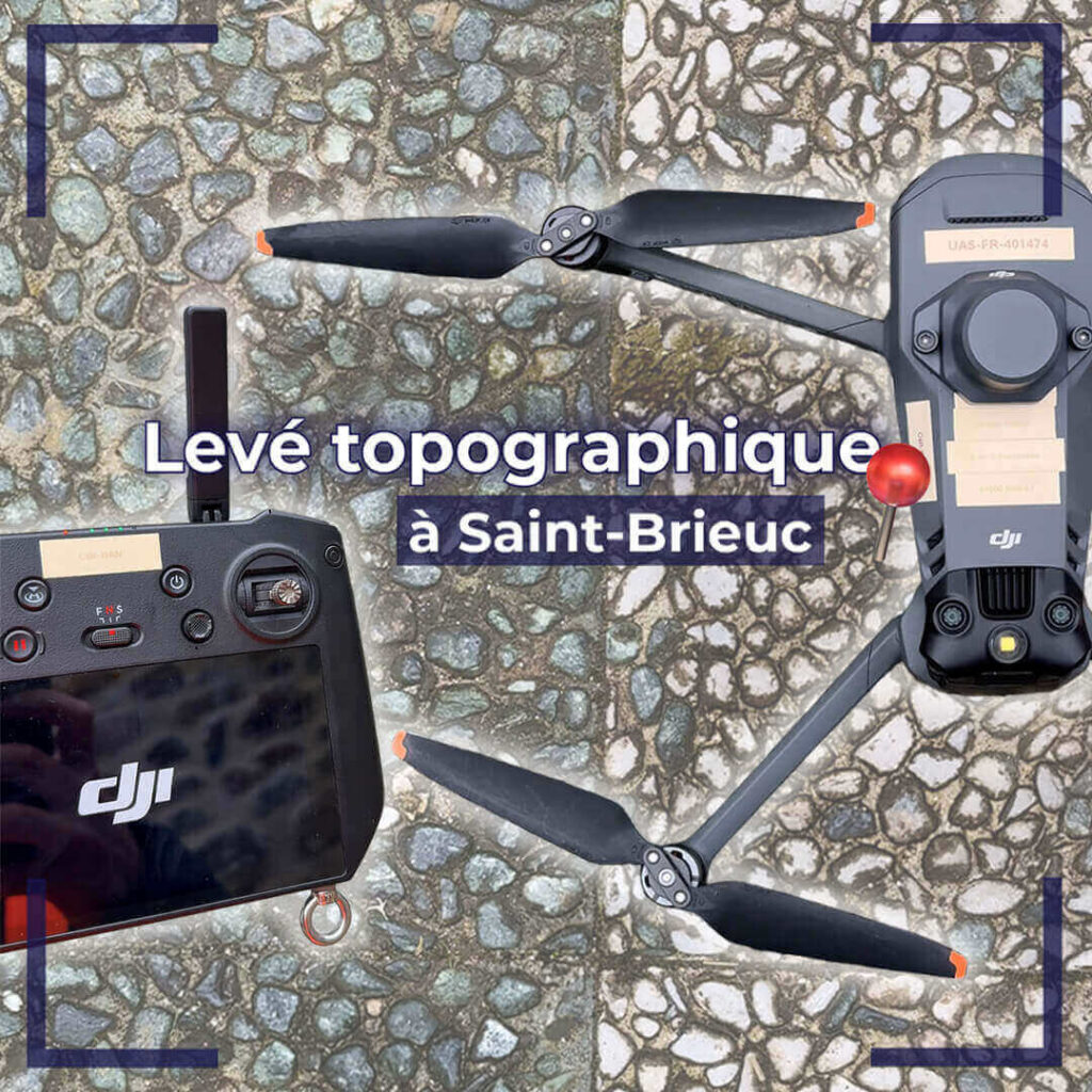 drone posé au sol avec la radiocommande en main préparant à une prestation de levé topographique par drone